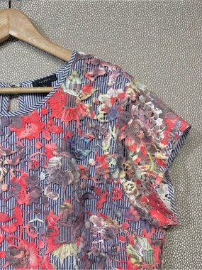 XL Halogen Peplum Top Floral Lace Overlay with Blue and White Stripe Underlay